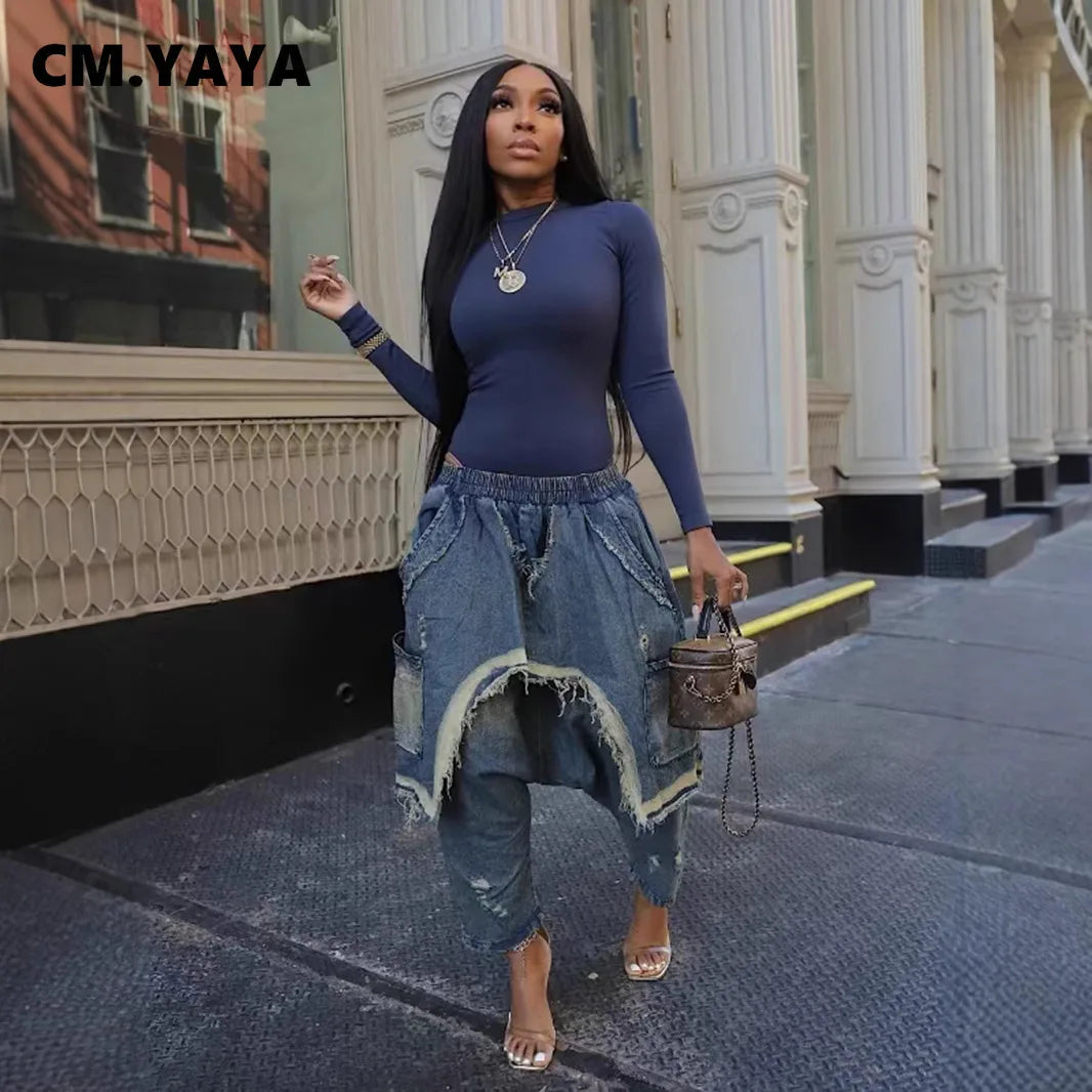 CM.YAYA Women Streetwear Ripped Out Hole Denim Pants 2025 Fall Autumn Loose Safari Style Cargo Harem Hip Hop Jeans