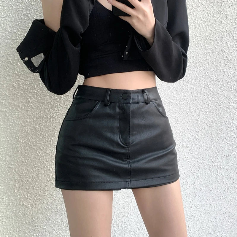 Y2K Black A-line Mini Skirts High Waisted Women Chic Woman Shorts Streetwear Sexy PU Leather Shorts Skirt