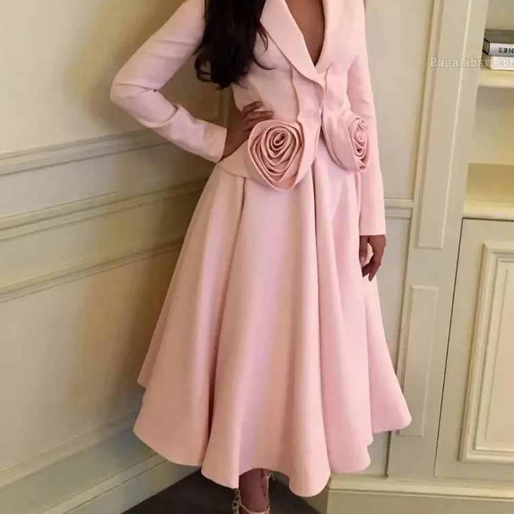 TWOTWINSTYLE Elegant Two Piece Set For Women Shawl Collar Long Sleeve Spliced Appliques Top High Waist A Line Skirt Slim Sets