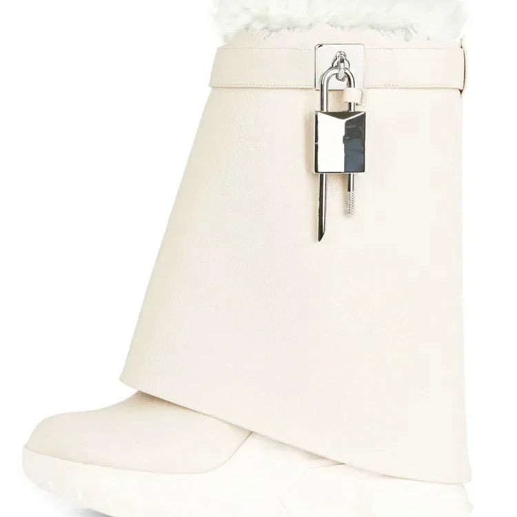 New Fashion Brand Thick Soled Leather Short Boots Round Head Lock Lock Shark Boots Women's Slope Heel High Heel Women's Boots White plush cowhide