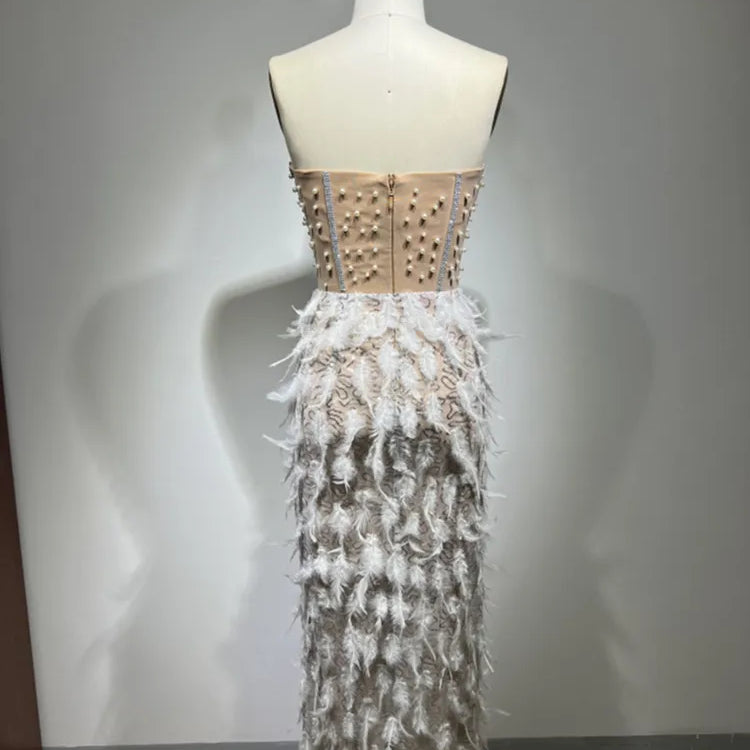 New Women Summer Sexy Strapless Backless Sequins Feather Pearl Beading Ankle Length Dress 2023 Elegant Evening Party Dress