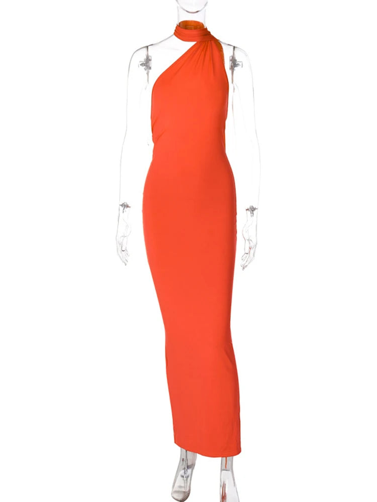 Ladies Night Club Wear Neon Y2K Summer Outfits Women Sleeveless Backless Halter Ruched Bodycon Evening Maxi Dress Birthday Party Orange