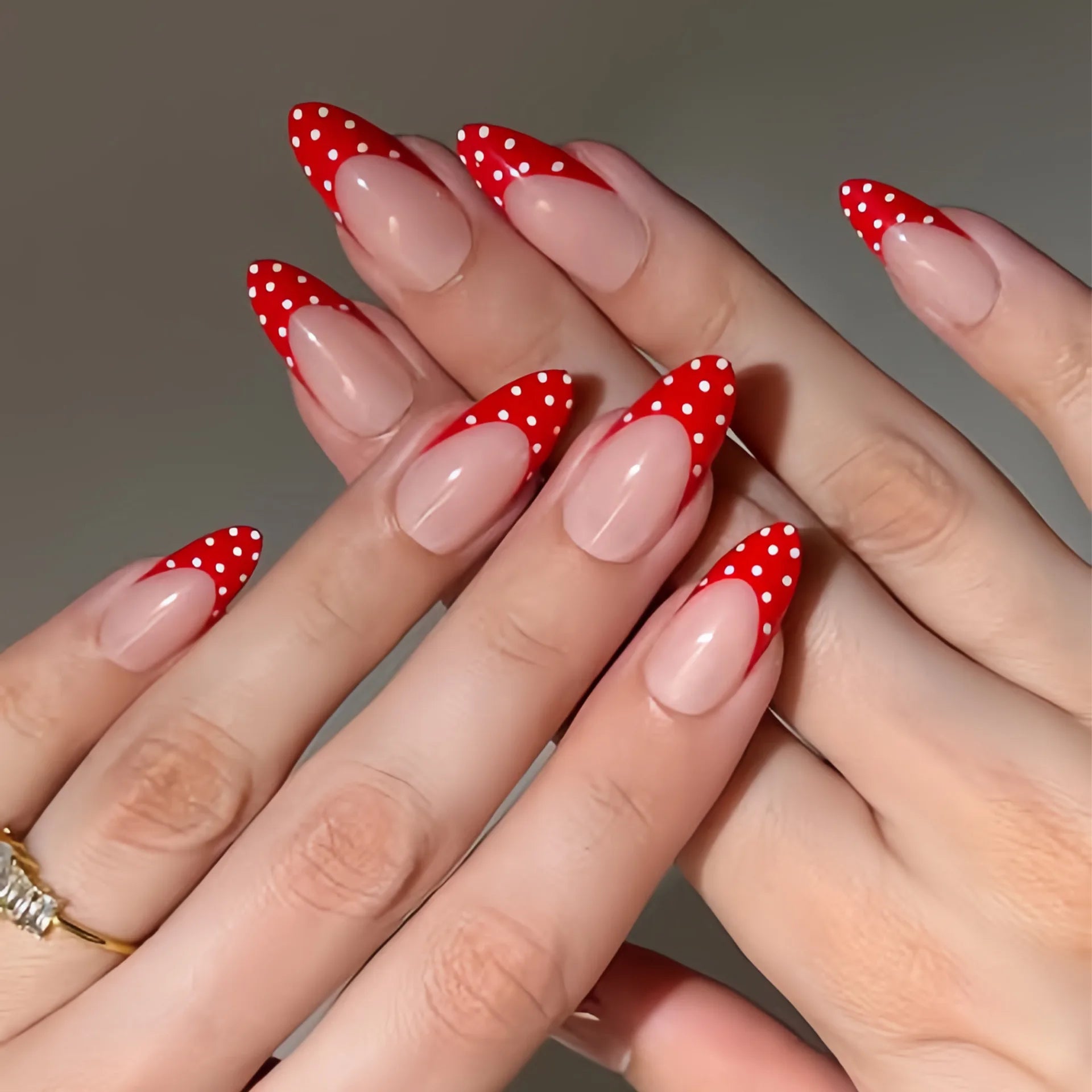 Autumn Brown French Fake Nails 24Pcs Almond Press On Nails White Dot Printed Full Cover Stick-on False Nails Charm Manicure