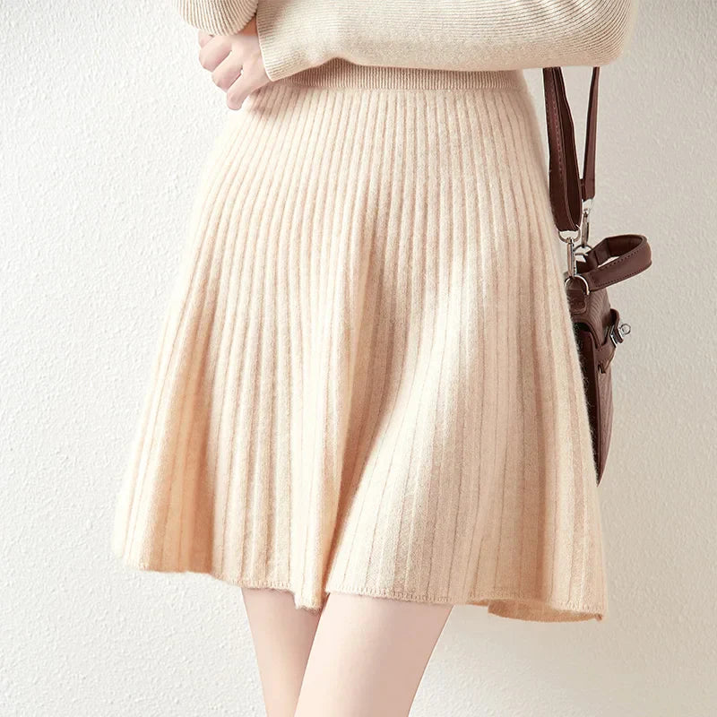 Korean Skirt 100% Merino Wool Women's Knitted Mini Skirt Autumn and Winter Women's Fashion Solid Color Small Umbrella Skirt beige