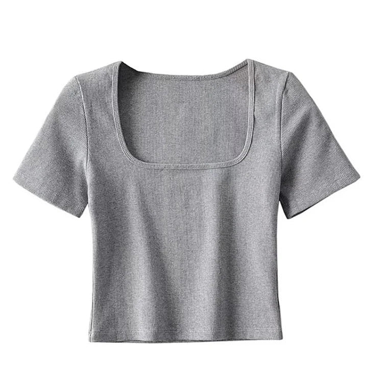 Women Square Neck Rib Crop T-shirt Short Sleeve Crop Top light grey