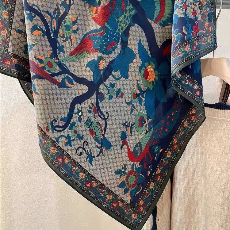 BYSIFA| New Grey Blue Silk Scarf Fashion Floral Design 70cm Square Scarves Fall Winter Neck Scarf Hijab Sweet Headband 65*65cm