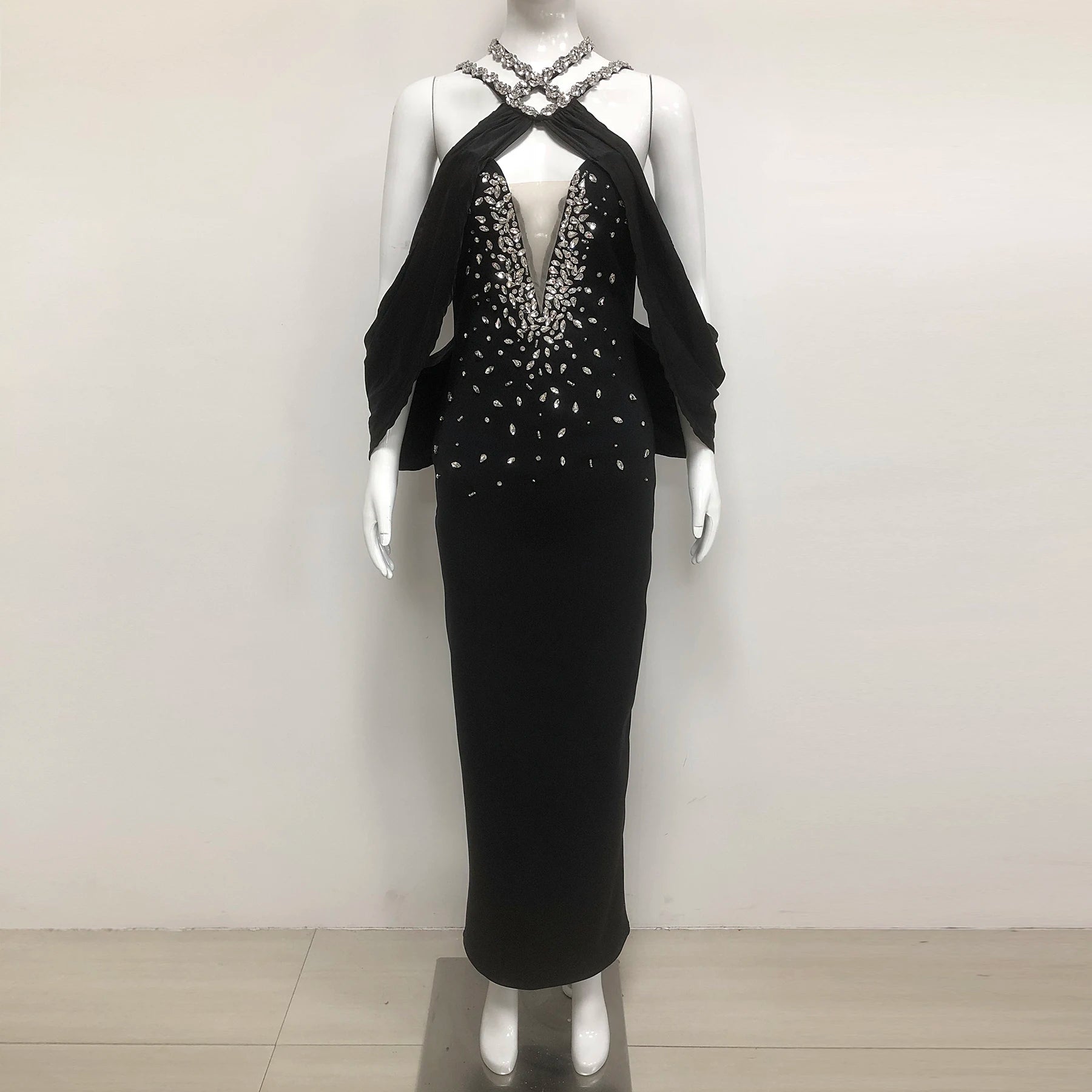 VC Eye-Catching Off-Shoulder V-Neck Hot Pink & Black Dress with Crystal Party Evening Gown