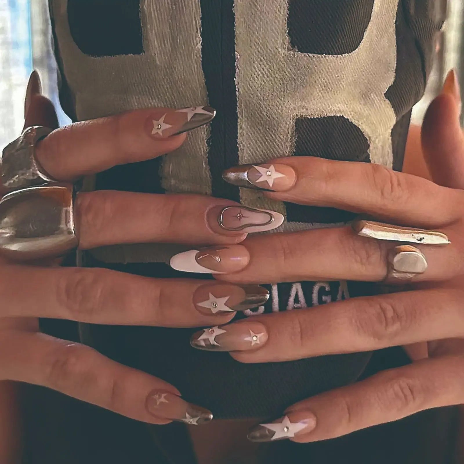 24pcs Y2K Fake Nails Black Blush Almond False Nail Patch Sliver Flame Printed Full Finished Wearable Press on Nail for Women