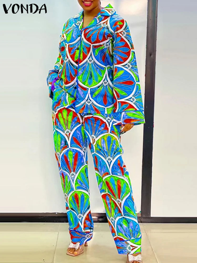 Plus Size 5XL VONDA Women Vintage Printing Long Sleeve Tops Wide Leg Pant Sets Outfits 2025 Casual Loose Bohemian 2 Piece Suits