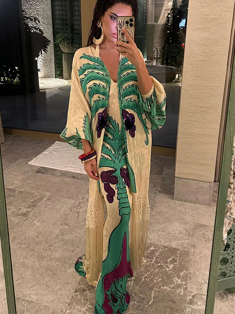 Fashion Spring Print V Neck Contrast Maxi Dress Women Chic Slim Fit Long Sleeve Vestidos Lady Elegant Vacation Streetwear Picture Color