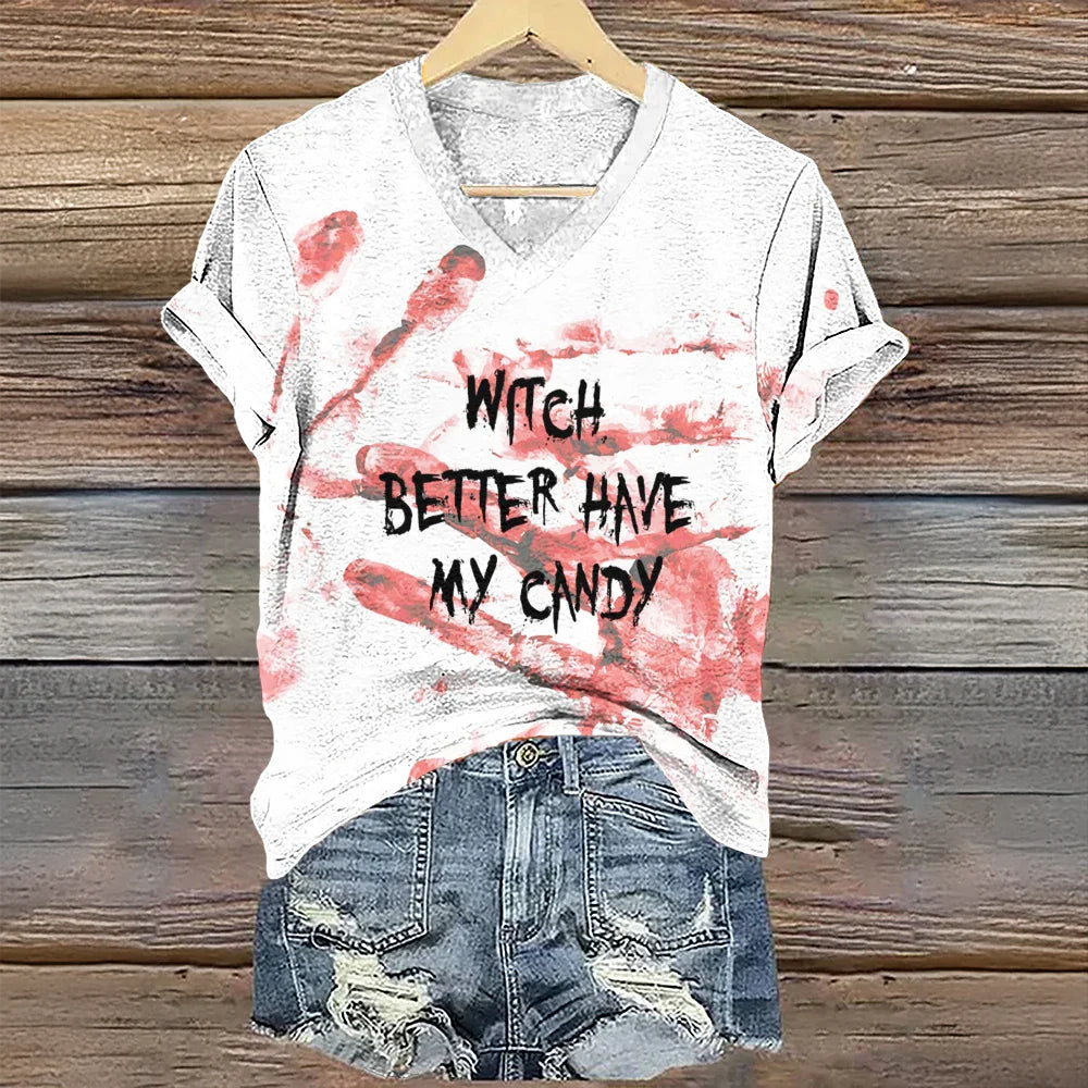Vintage Women's T-shirt V-neck T-shirt Letter Printed Short Sleeve T-shirt Casual Loose Clothes Halloween Bloody T-shirt VAYJWH2024075R9