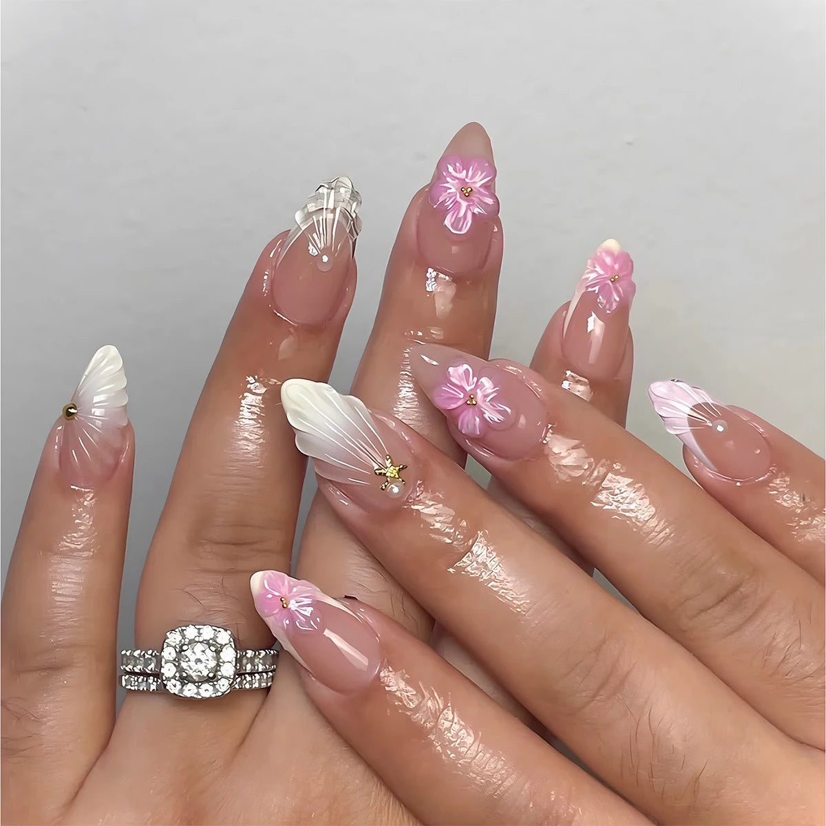 24Pcs/box Mid-length 3D Floral Pearl Design False Nail Sweet Flower Pattern Elegant Girls Wearing Press on Nails Manicure Tips