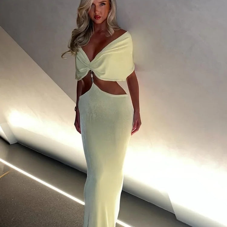 Elegant V Neck Pleating Yellow Maxi Dress For Women Fashion Cut Out Slim Fit High Waist Robes New Summer Holiday Beach Dresses