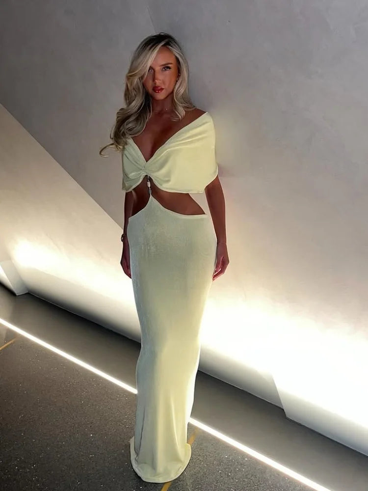 Elegant V Neck Pleating Yellow Maxi Dress For Women Fashion Cut Out Slim Fit High Waist Robes New Summer Holiday Beach Dresses