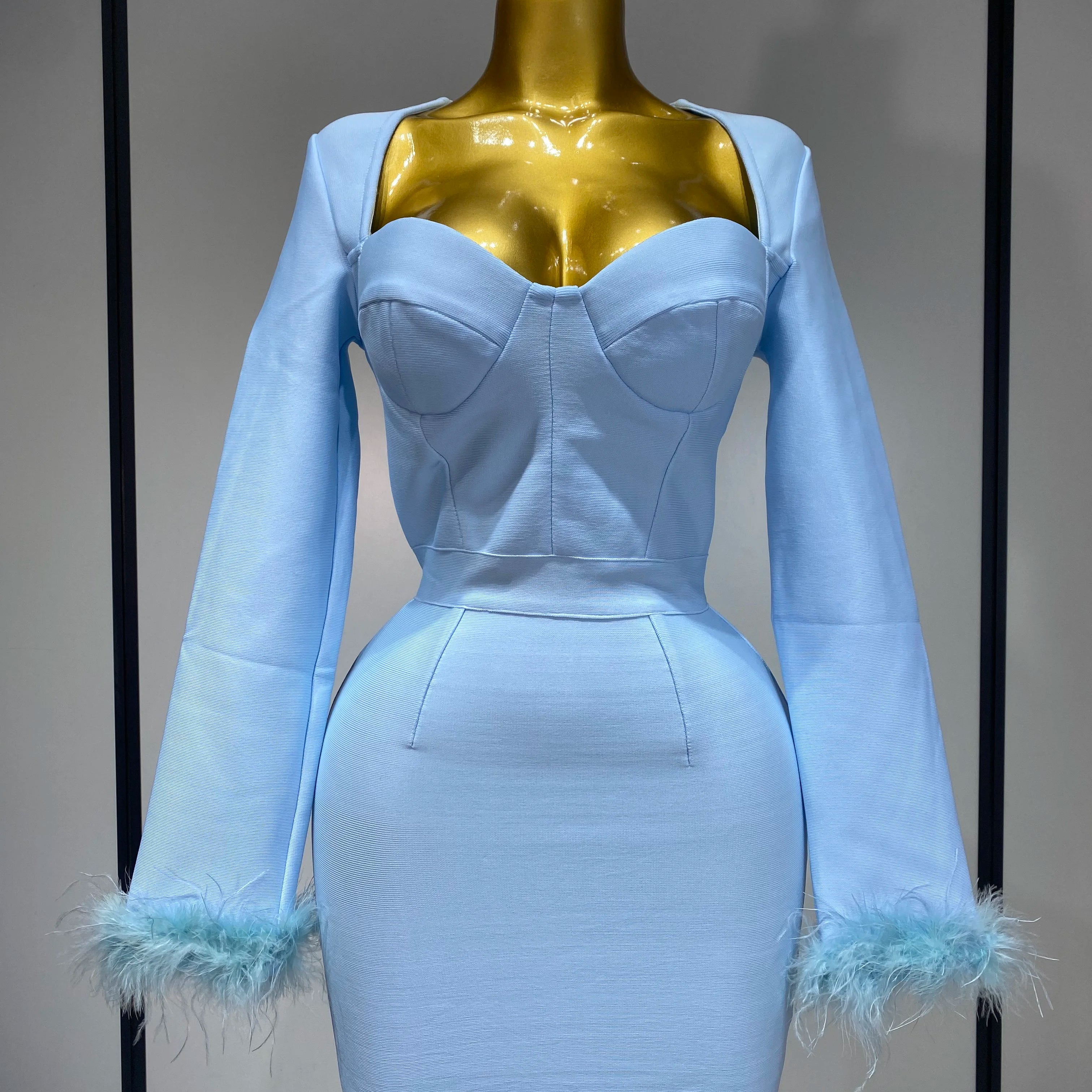 Women Fashion Sexy Long Sleeve Feathers Mini Bodycon Bandage Dress 2025 Elegant Evening Party Club Luxury Birthday Dresses