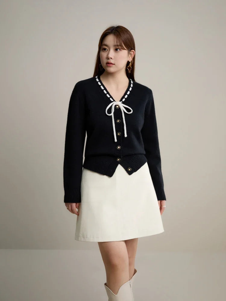 Women Sweet V-Neck Lace-up Red Sweaters Winter Gentle Female Sweater Jacket Temperament Knitted Black Cardigans