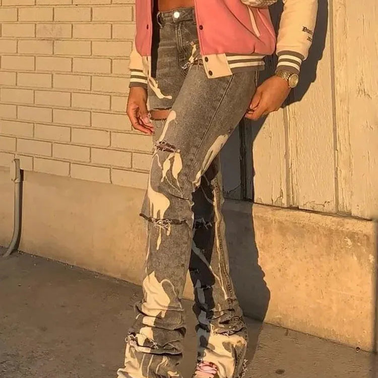 Casual Ripped Hole Jeans Women Fashion Gray Print High Waist Denim Skinny Trousers Streetwear Bottoms Y2K Stacked Pants