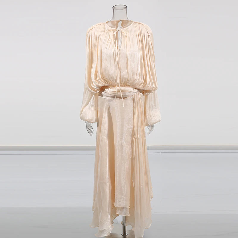 TWOTWINSTYLE Solid Loose Spliced Folds Elegant Dresses for Women Round Neck Long Sleeves Patchwork Lace Up Dress Female Fashion