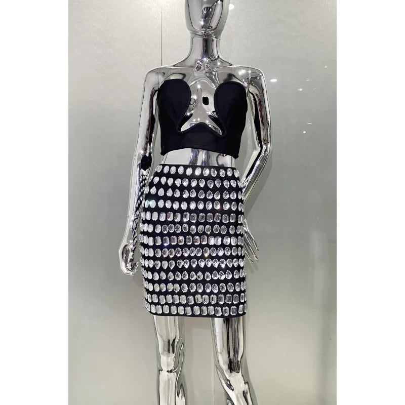 High Quality Sexy Deep V-Neck Strapless Top And Sparkling Diamonds Mini Skirt 2 Pieces Woman Set Birthday Party Vestido