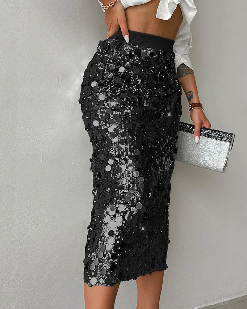 Allover Sequin Fashionable Midi-Calf Skirt black