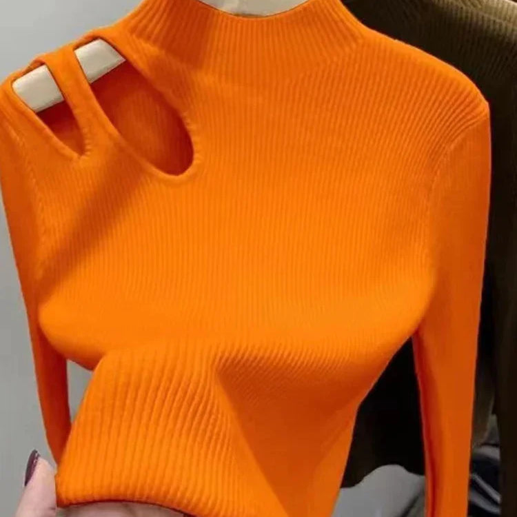Knitted Sexy Hollow-out Turtleneck Women Sweaters Autumn Winter Jumper Tops Soft Warm Knitwears Female Pullovers Sweater Top Orange One Size