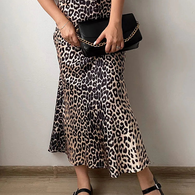 Long Leopard Print Skirts Women Satin Summer Office Elegant Maxi Zipper Skirt Satin Silk Fashion Fishtail Skirt Women Summer