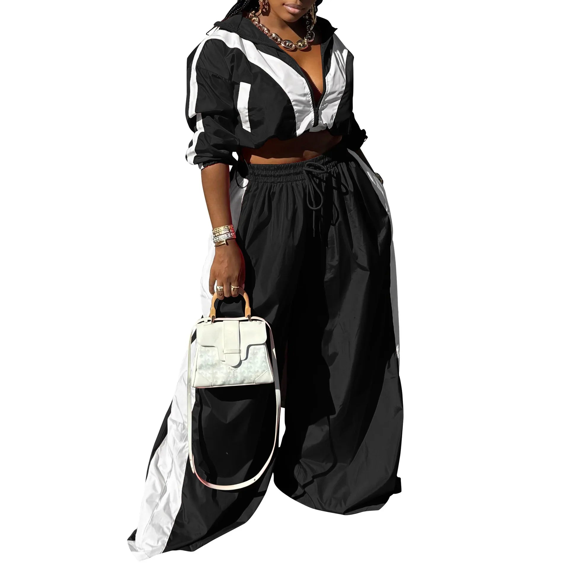 CM.YAYA Active Patchwork Women's Set Zipper Sweatshirt Jacket and Wide Leg Pants Suit 2025 INS Two 2 Piece Sets Outfit Tracksuit Black