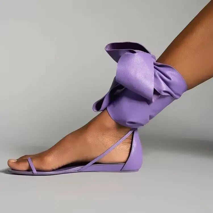 Hot Pink Blue Soft Leather Clip Toe Cover Heel Flat Summer Sandals Woman Ankle Wrap Lace Up Butterfly Knot Flats Beach Shoes Lavender