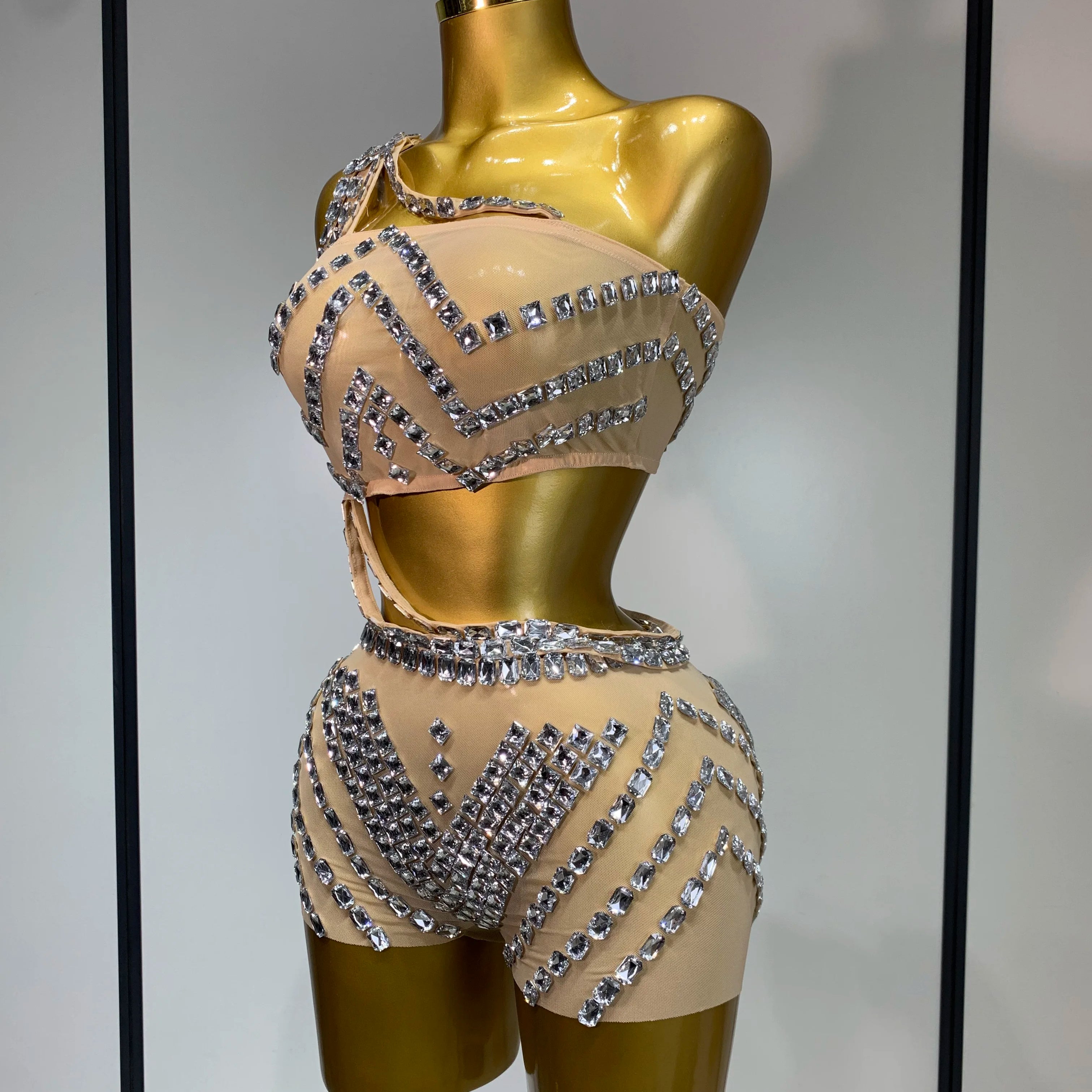 Luxury Diamonds Sexy Mesh Perspective Two Pieces Outfit Performance Dancer Singer Costume Nightclub Women's Set Birthday Wear