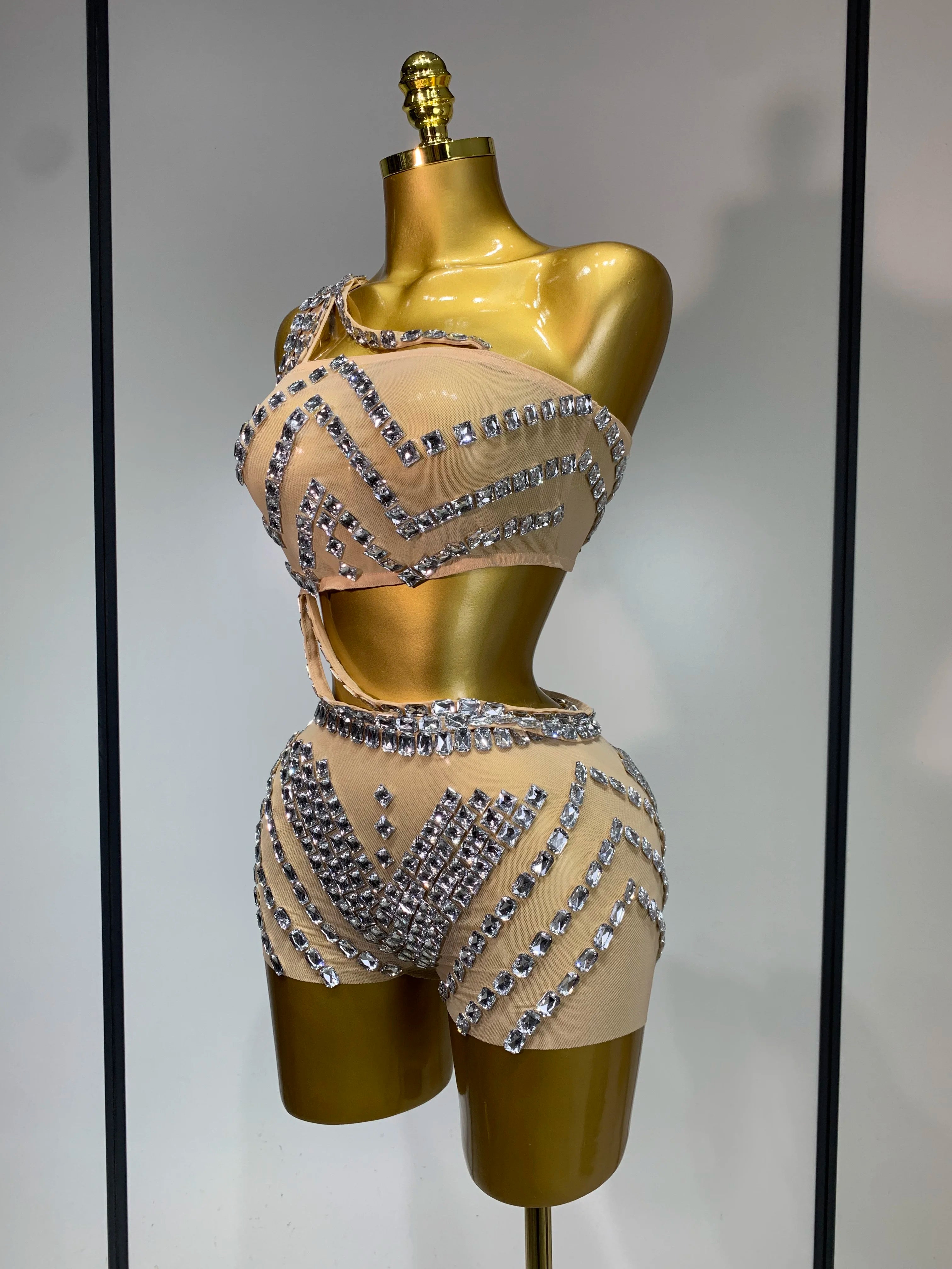 Luxury Diamonds Sexy Mesh Perspective Two Pieces Outfit Performance Dancer Singer Costume Nightclub Women's Set Birthday Wear