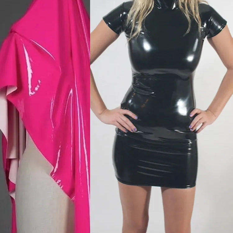 Stretch Shiny Patent Leather Slim Dress Women Summer Faux Latex Short Sleeve Bodycon Mini Dress Black PU Clubwear New Custom Rose Red