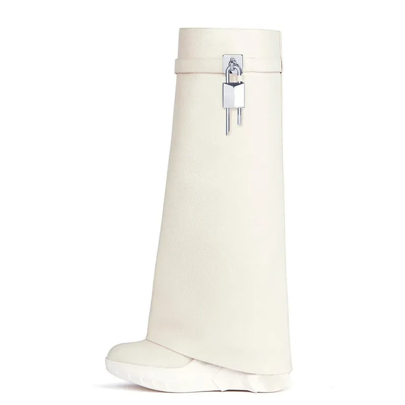 New Fashion Brand Thick Soled Leather Short Boots Round Head Lock Lock Shark Boots Women's Slope Heel High Heel Women's Boots