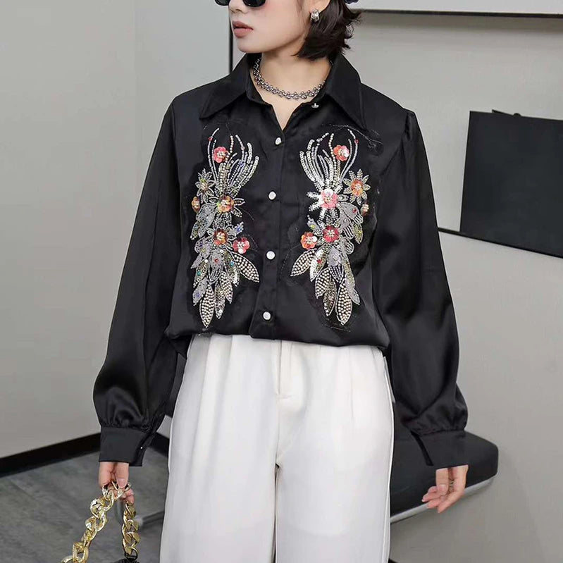 Beading Sequined White Satin Blouse for Womens Elegant Long Sleeve Korean Style Loose Shirt Tops Casual Daily Office Lady