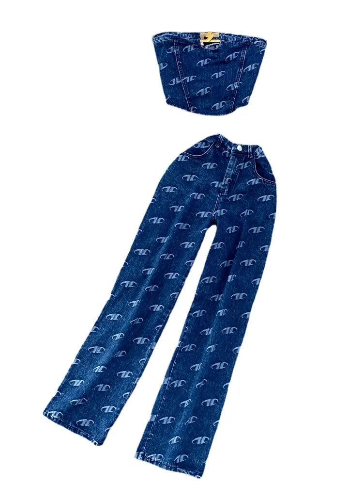 Fashion Set Women's Retro American Style Bra Denim Tank Top Two Piece Casual High Waist Slim Straight Trouser Set