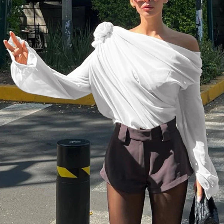 Women's Blouse Sexy Sker Collar Long Sleeve Ladies Office Blouse and Shirts Female Tops Elegant 3D Flower Shirts