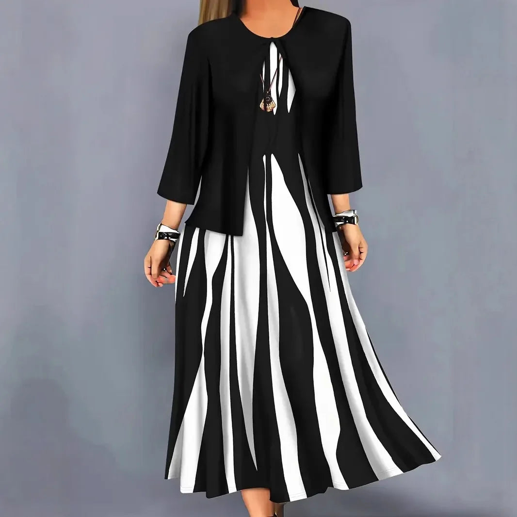 Plus Size Plus Size Geometric Print Long Sleeve Dress And Jacket Set Two Piece Set Large Size Polyester Fiber Women's Fashion