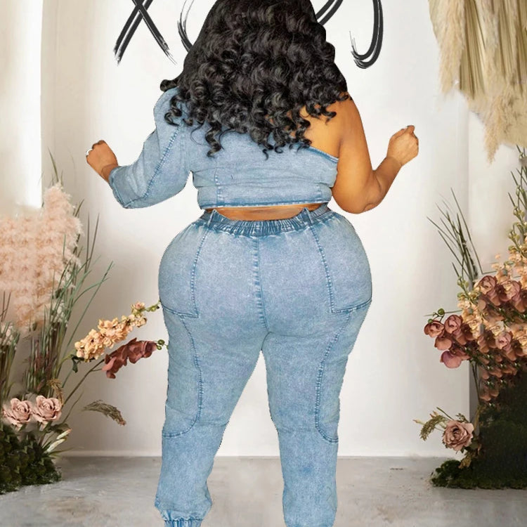 Two Piece Set Women Top and Pants Fashion Sexy One Shoulder Top Elastic Jeans Plus Size Matching Sets Wholesale Dropshipping