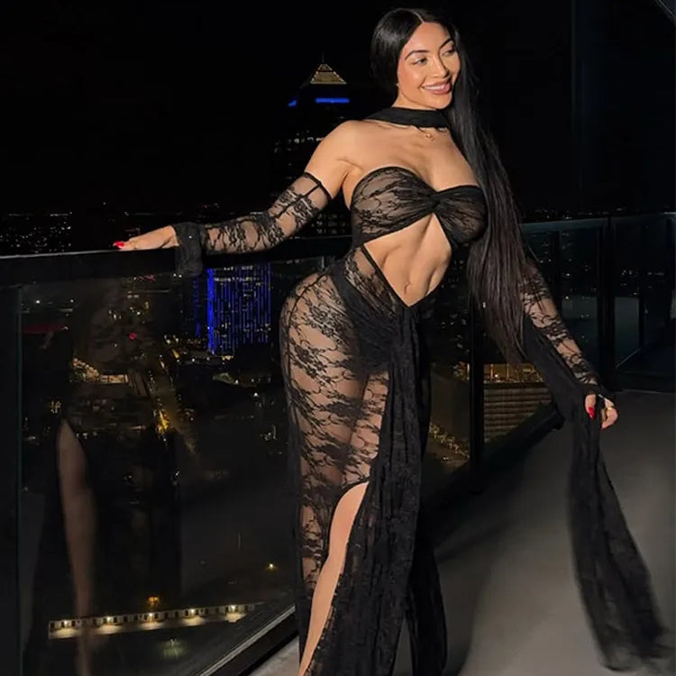 Sexy Lace See Through Black Long Dress Women Cut Out With Scarf Slim Fit Full Sleeve Maxi Dresses New Summer Evening Club Robes
