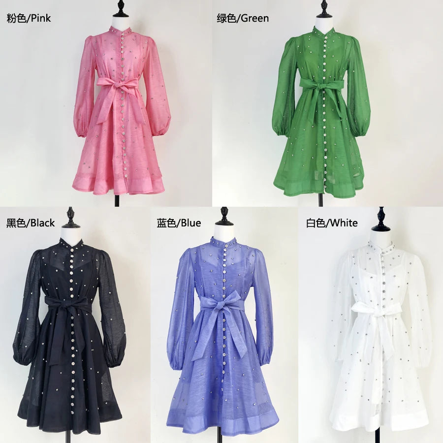 French Luxury Crystal Beaded Wedding Prom Mesh Dress Women Stand Long Lantern Sleeve Diamond Buttons Belt Lace Up Mini Vestidos
