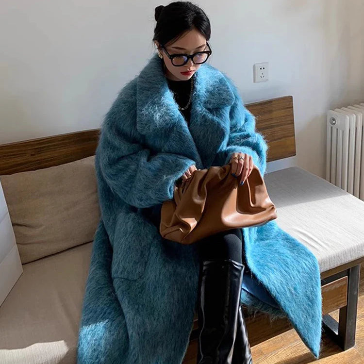 Winter Long Blue Fluffy Oversized Warm Wool & blends Coat for Women Single Button Pockets Luxury Clothes Woolen Overcoat