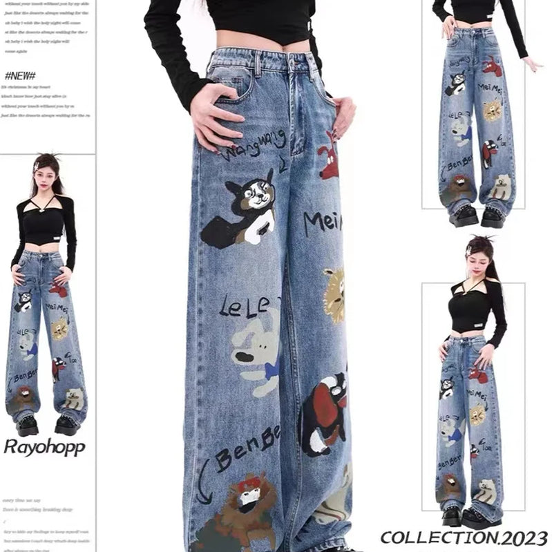 Autumn Winter New Baggy Jeans Woman American High Street Straight Tube Women's Jeans Cartoon Print Women Pants High Waist