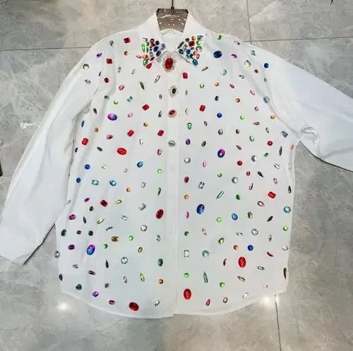 Female Rainbow Color Diamonds Shirts Rhinestones Beaded White Blouse Spring Fall Single Breasted Vintage OL Cardigan Tops Blusas WHITE