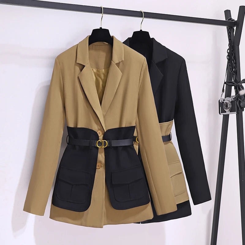 Autumn Winter Blazer For Women Patchwork Color Korean Fashion Design Casual Coat And Jacket Women With Belt Outwears
