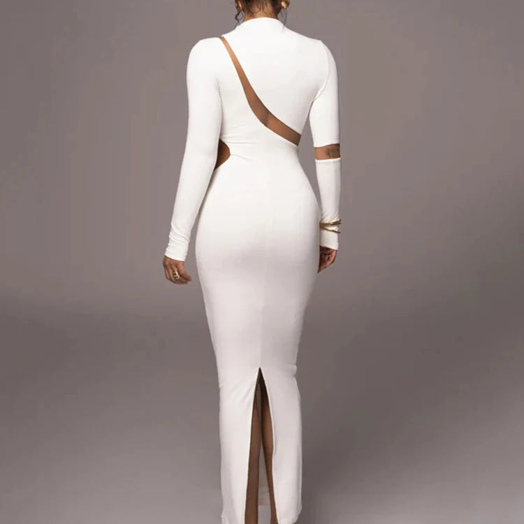 Turtleneck Long Sleeve Bodycon Maxi Dress For Women Autumn Patchwork Hollow Out Club Party Sexy Long Dress Vestidos