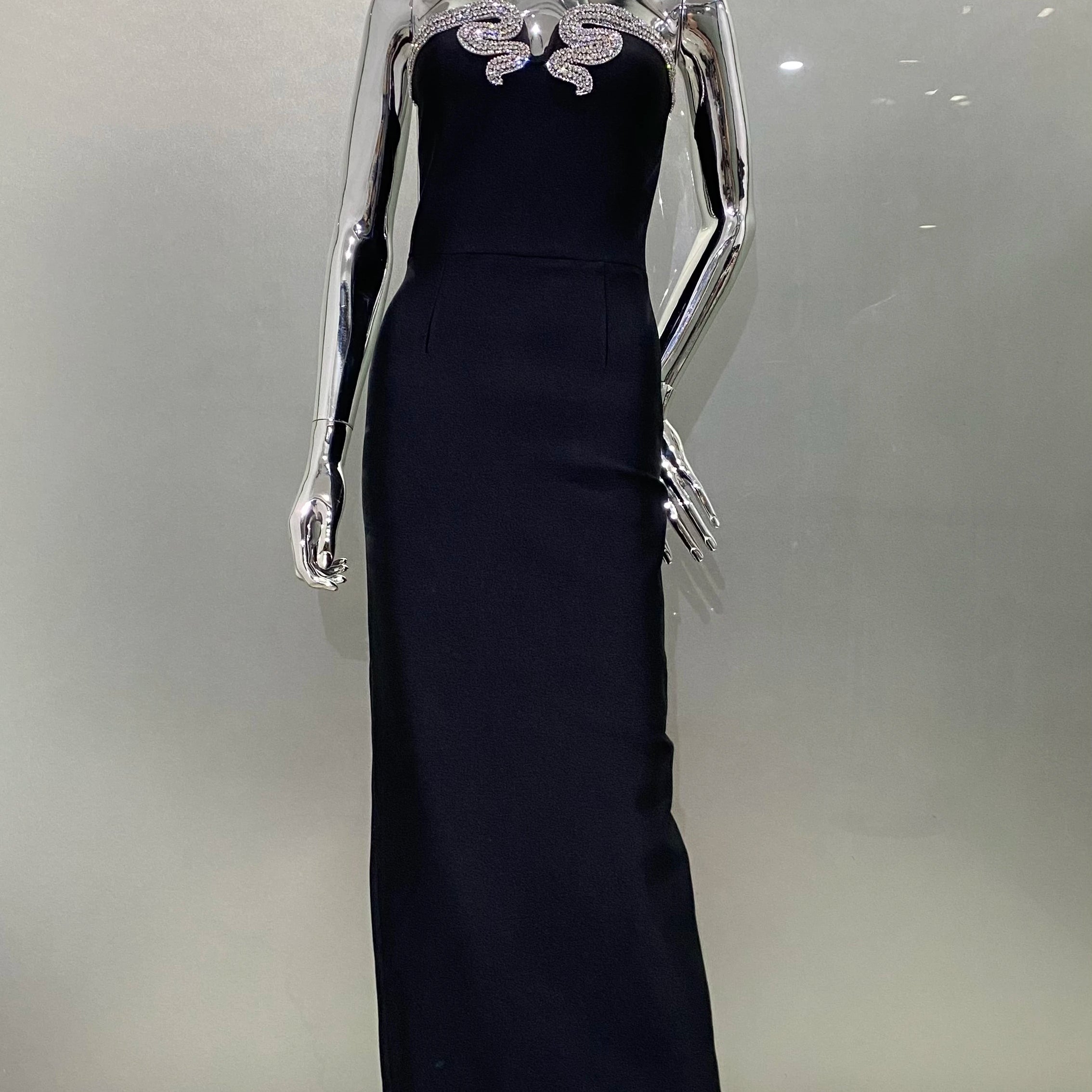 High Quality Shining Diamonds V-Neck Strapless Black Long Bandage Dress Elegant Woman Evening Party Dress Cocktail Party Outfit