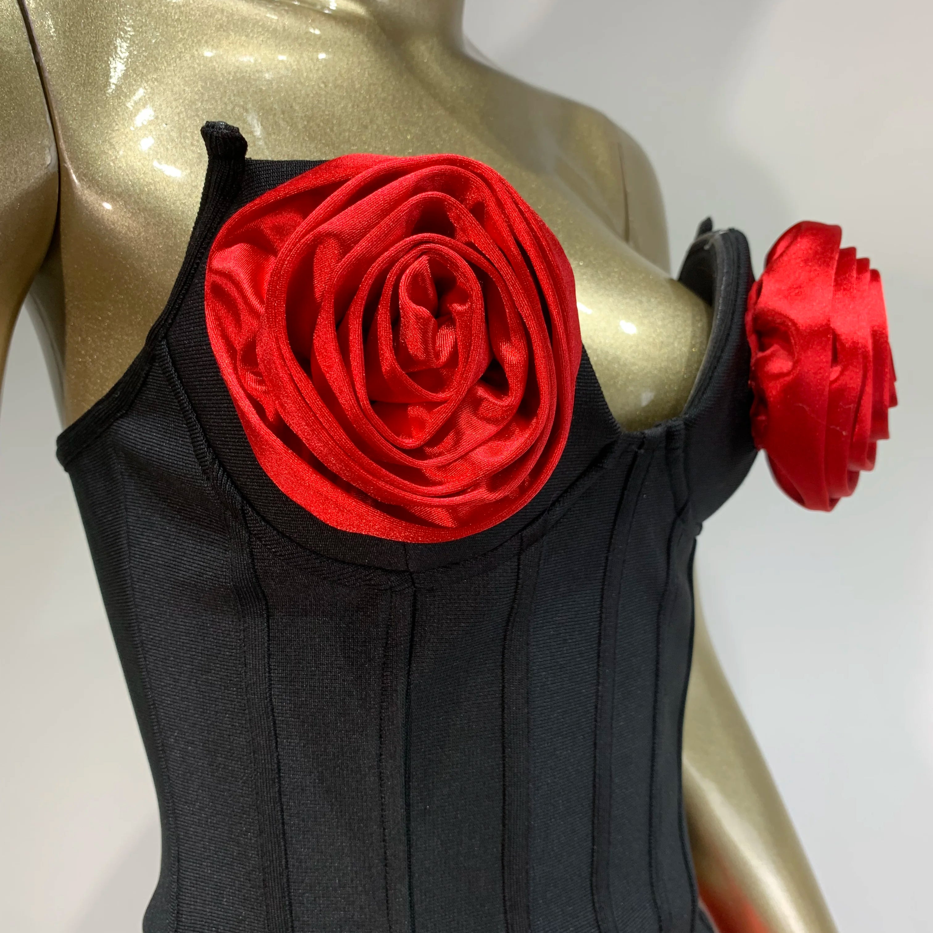 Women Sexy Strapless Zipper Patchwork Red Flower Mini Two Pieces Skirt Bandage Set 2025 Celebrity Designer Fashion Women's Set