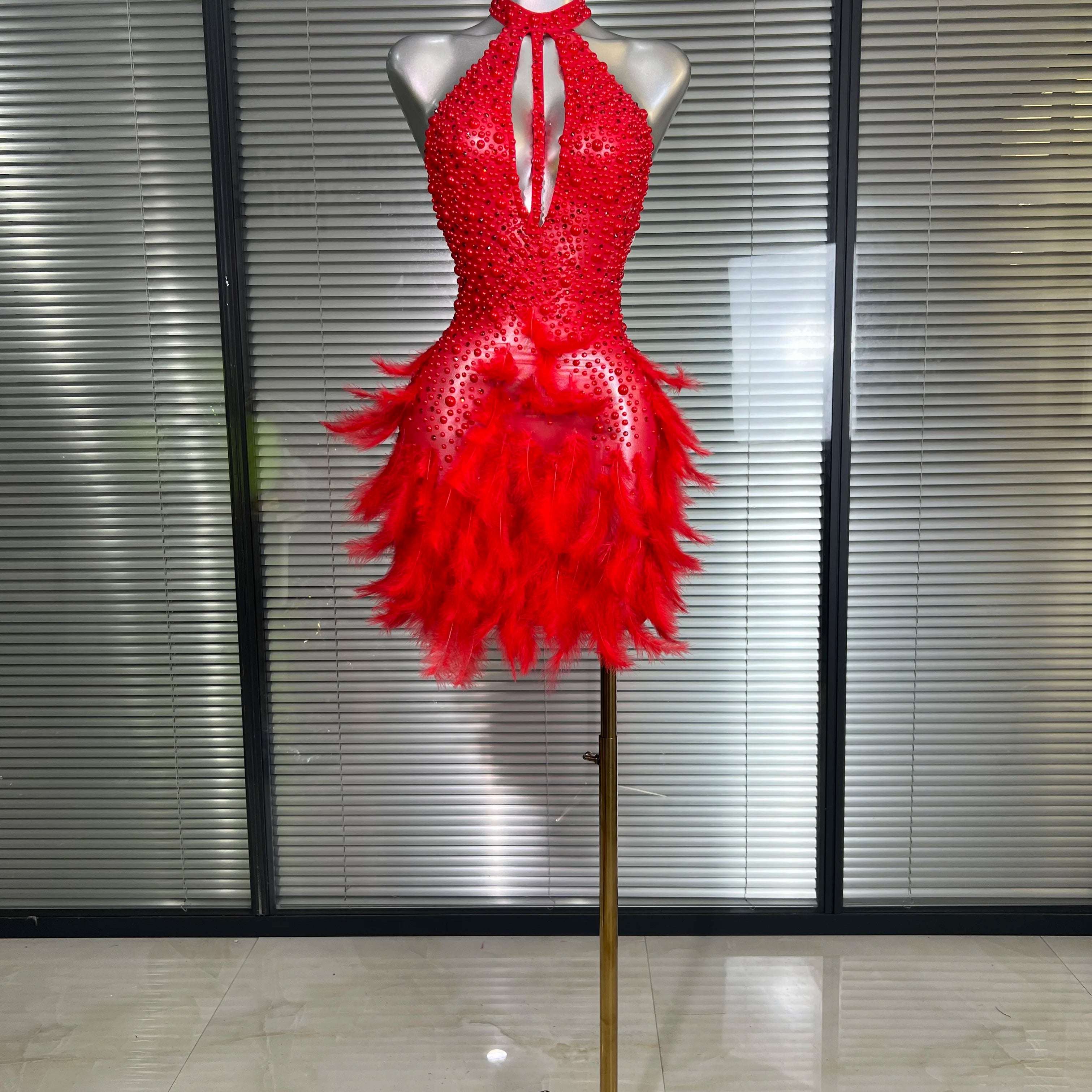 Women Sexy Backless Mesh Crystal Diamonds Feathers Performance Costume Stage Dancer Mini Stretchy Night Club Party Dress