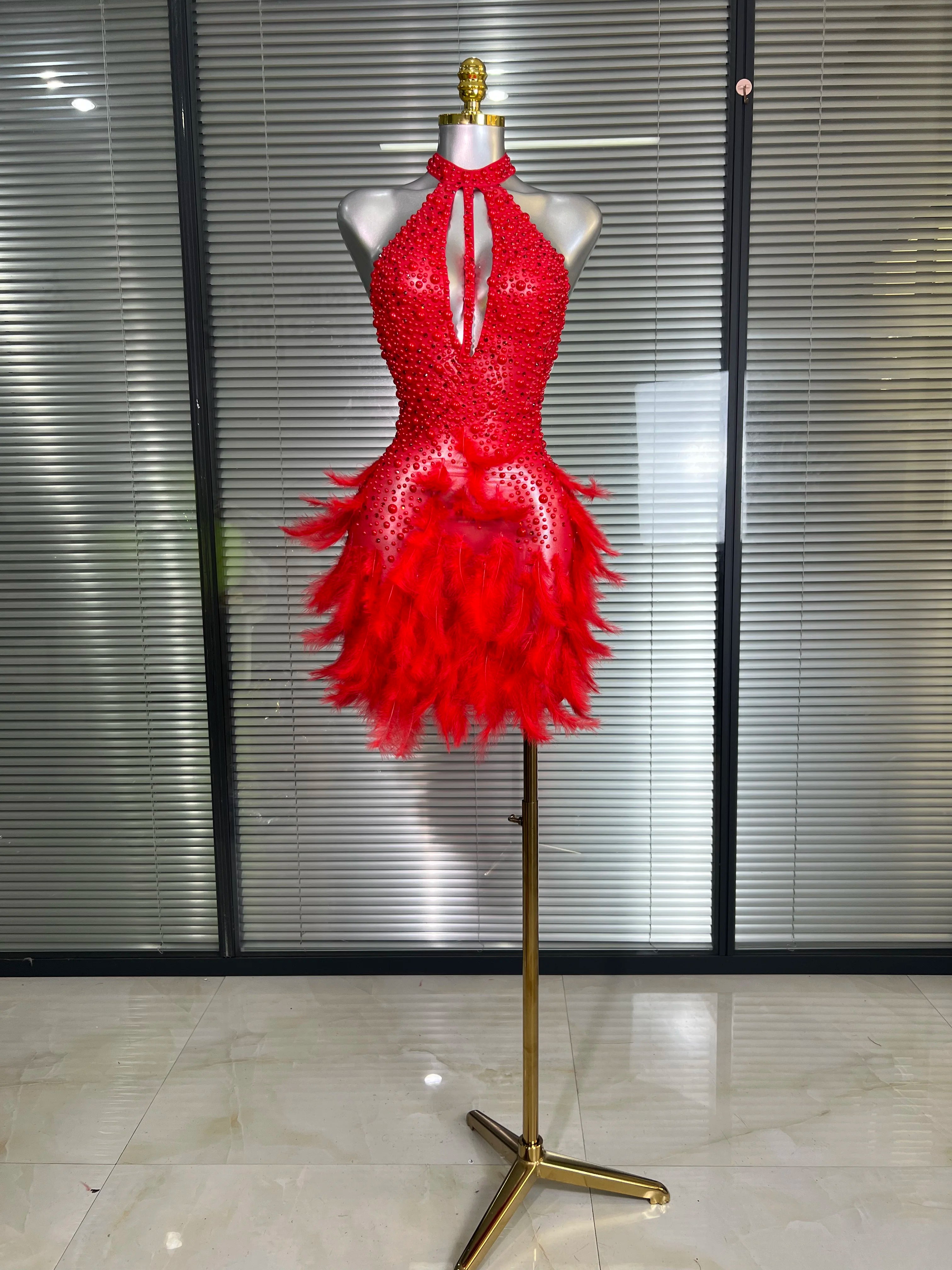 Women Sexy Backless Mesh Crystal Diamonds Feathers Performance Costume Stage Dancer Mini Stretchy Night Club Party Dress