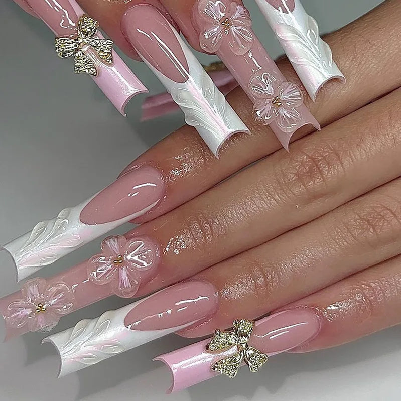 24Pcs Long Square White Pink French Press on Nails 3D Bow Flower Design False Nails Reusable Finished Full Cover Fake Nails Tips