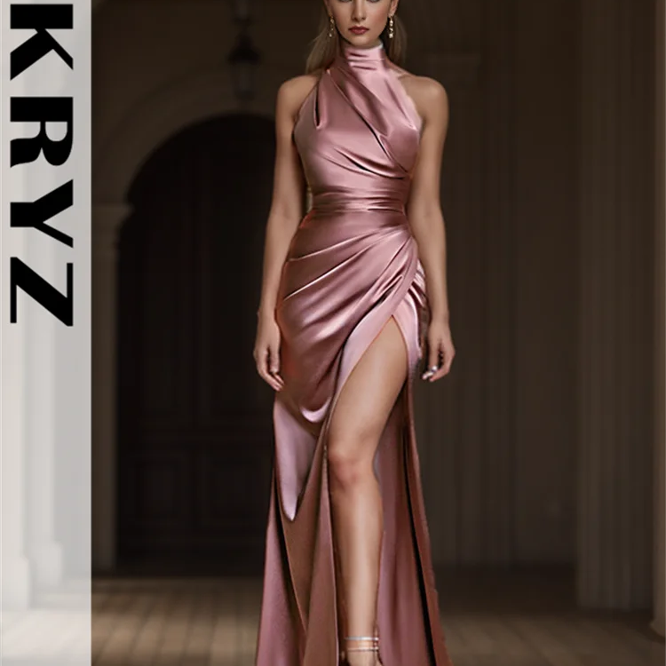 Ladies Satin New Evening Party Dresses Women Sleeveless Backless Halter Side Slit Sexy Elegant Maxi Dress Fashion Female Outfits
